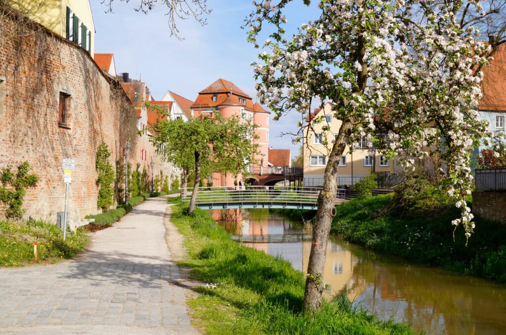 a sunny spring day in the little ancient Bavarian town Donauwoerth capital of Donau Ries district in Swabia, Bavaria, Germany